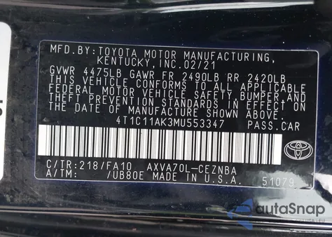 2021 Toyota Camry Le from USA, damaged, VIN 4T1C11AK3MU553347